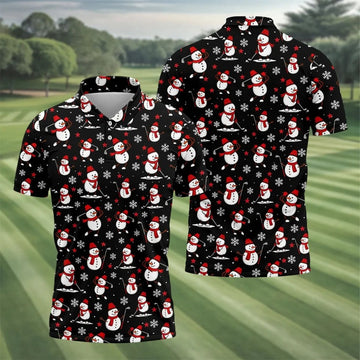 Cute Snowman Golf Pose Black Golf Shirt, Christmas Golf Shirt, Golf Shirts For Men, Golf Gift For Men