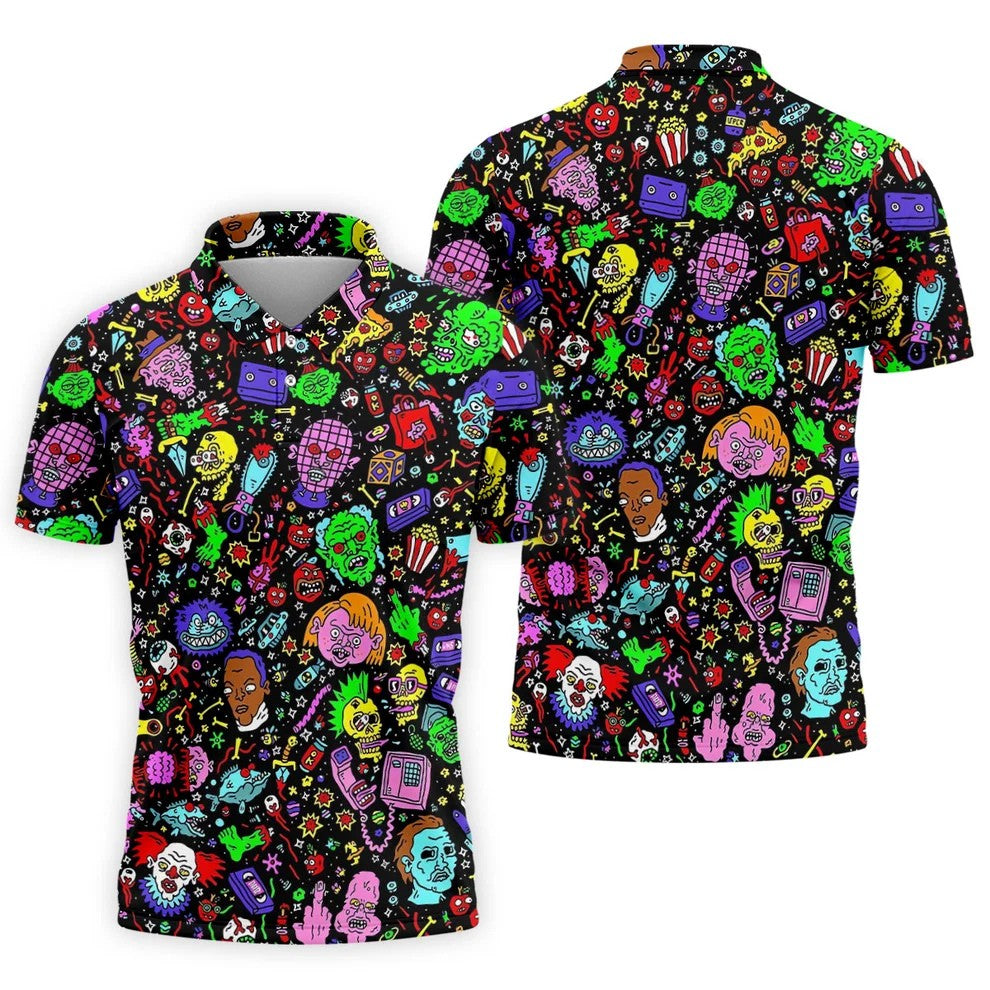 Halloween Horror Character Doodle Hawaiian Golf Shirt, Men's Golf Shirt, Printed Golf Polo Shirt