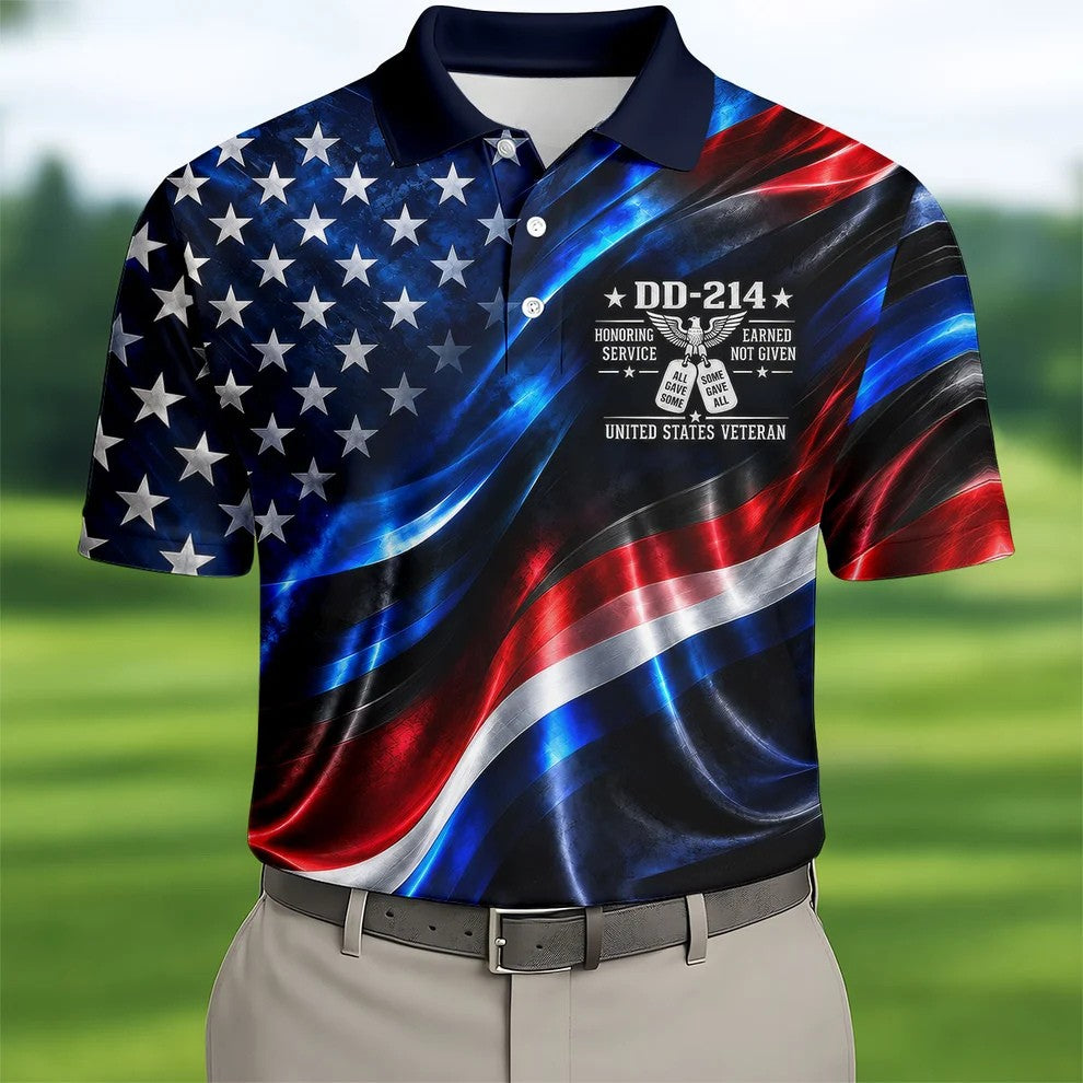 DD-214 Metallic USA Flag Golf Polo Shirt, Veterans Day Shirt, Golf Shirts For Men