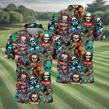 Play A Game Horror Character Golf Polo Shirt, Halloween Shirt For Men, Mens Golf Shirts