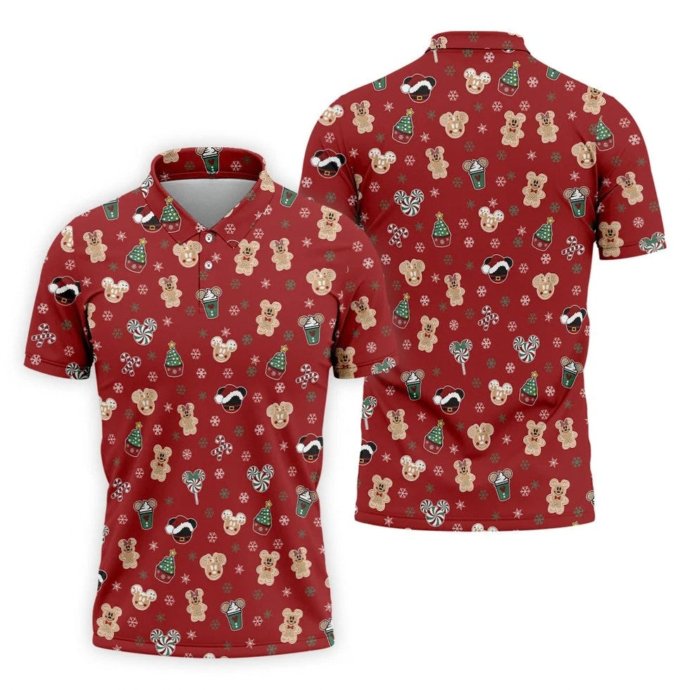 Christmas Gingerbread Red Golf Shirt, Holiday Pattern Christmas Golf Shirt, Polo Shirts For Men
