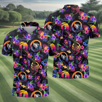 Retro Neon Horror Character Halloween Golf Shirt, Mens Golf Polo, Hawaiian Golf Shirt