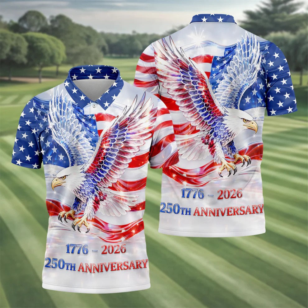 Bold Eagle American Flag Golf Shirt, Patriotic 4th Of July 250 Years Golf Shirts For Men