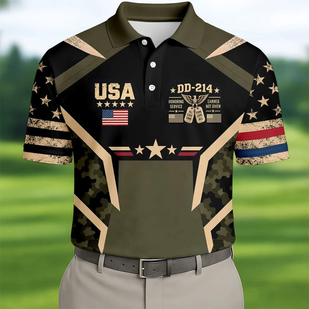DD-214 USA Stars Camo Golf Polo Shirt, Veterans Day Shirt, Mens Golf Polo Shirts