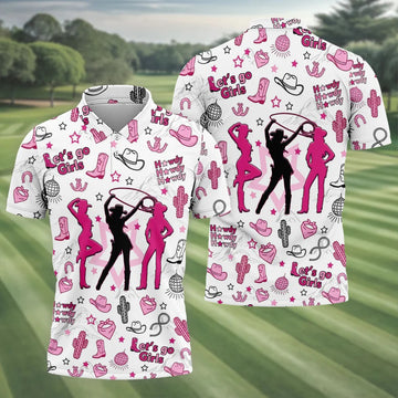 Pink Black Three Cowgirls Western Golf Polo Shirt, Mens Golf Polo, Golf Shirts For Men
