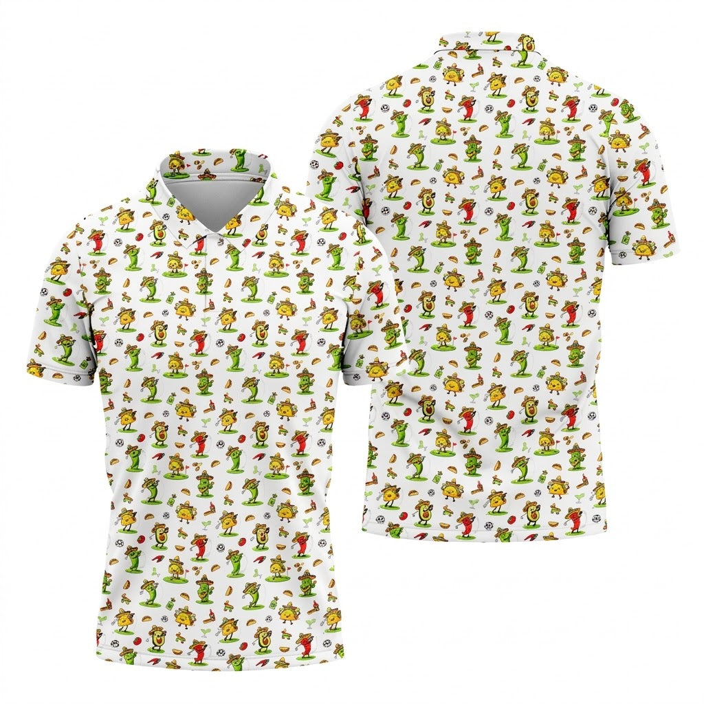 Mexican Cartoon Food Characters Cinco De Mayo Celebration Fiesta Themed White Golf Shirts For Men
