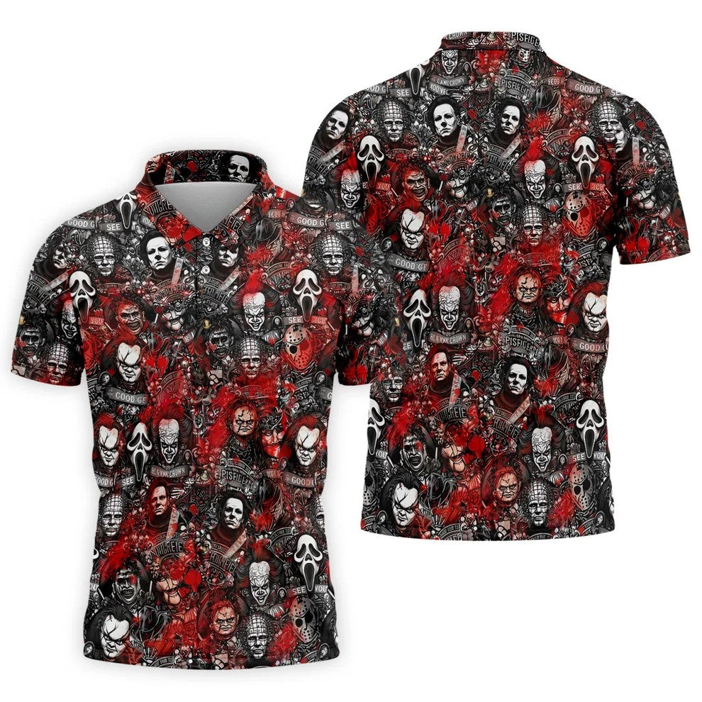 Red Horror Character Collage Halloween Golf Shirt, Men's Golf Shirt, Hawaiian Golf Shirt