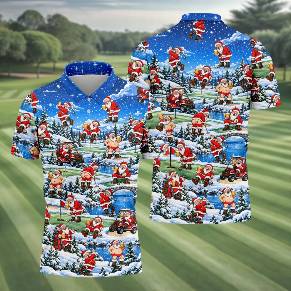 Snowy Santa Golf Pattern Christmas Golf Shirt, Funny Mens Golf Shirts, Mens Golf Polo