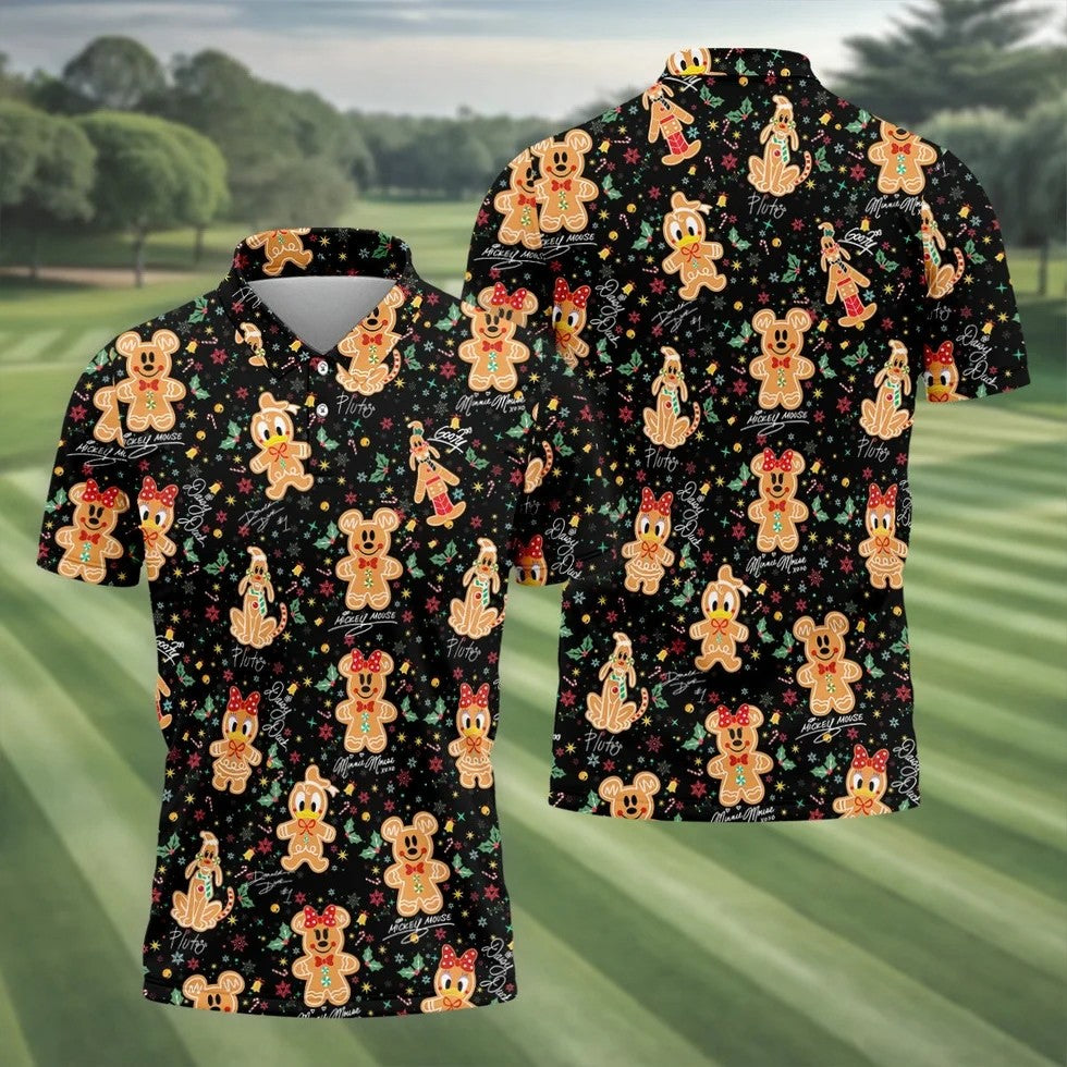 Cute Gingerbread Classic Cartoon Characters Christmas Golf Shirt, Black Golf Shirt, Polo Shirts For Men