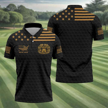 Custom Name Black Gold DD-214 Golf Polo Shirt, Veterans Day Shirt, Mens Golf Shirts