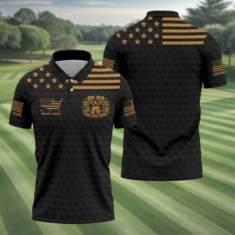 Custom Name Black Gold DD-214 Golf Polo Shirt, Veterans Day Shirt, Mens Golf Shirts