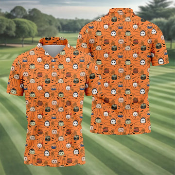 Orange Horror Character Pumpkin Pattern Golf Polo Shirt, Printed Golf Shirts, Mens Golf Polo