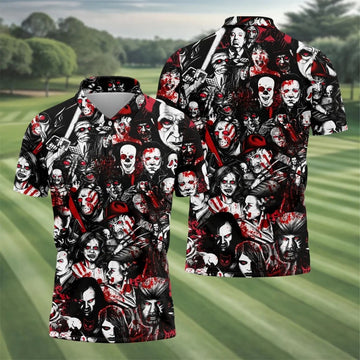 Horror Character Pattern Golf Polo Shirt, Golf Apparel For Men, Mens Polo Halloween Shirts