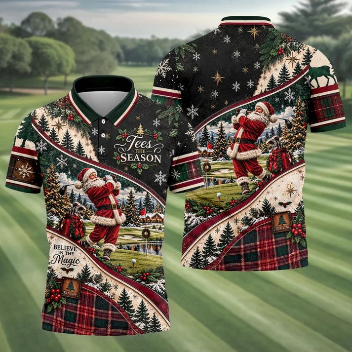 Black Plaid Santa Christmas Golf Polo, Golf Shirts For Men, Golf Apparel For Men