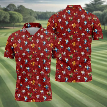 Christmas Characters Golf And Beer Red Men's Funny Golf Shirts, Christmas Golf Shirt, Polo Shirts For Men