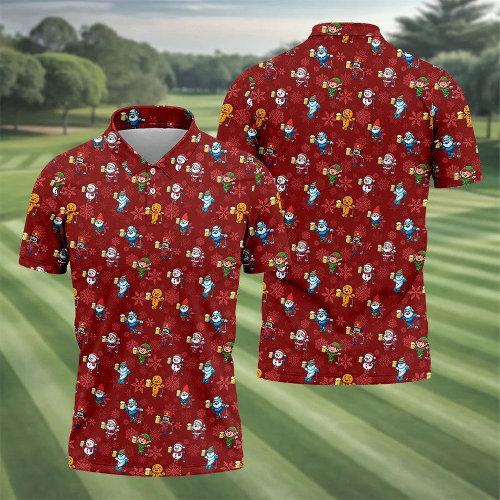 Christmas Characters Golf And Beer Red Men's Funny Golf Shirts, Christmas Golf Shirt, Polo Shirts For Men
