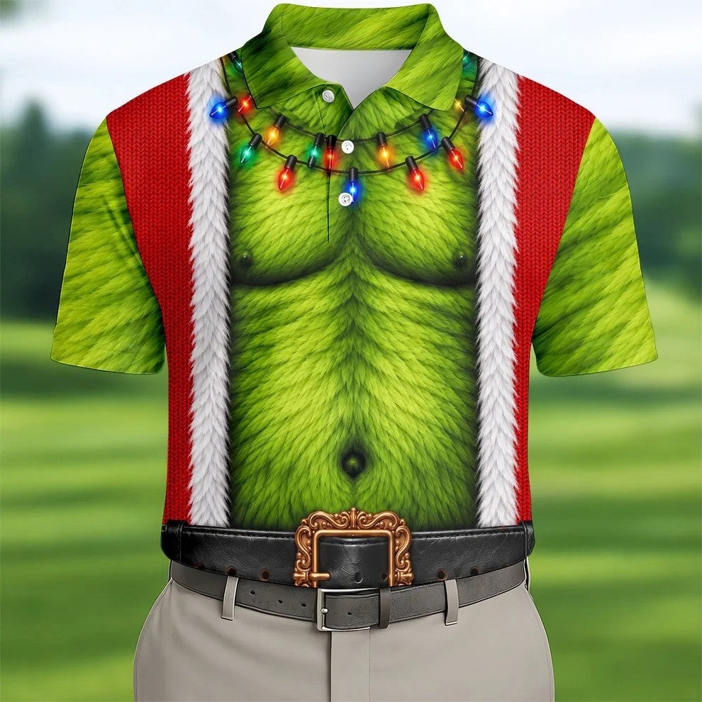 Green Furry Christmas Lights Golf Polo Shirt, Christmas Golf Shirt, Mens Golf Apparel