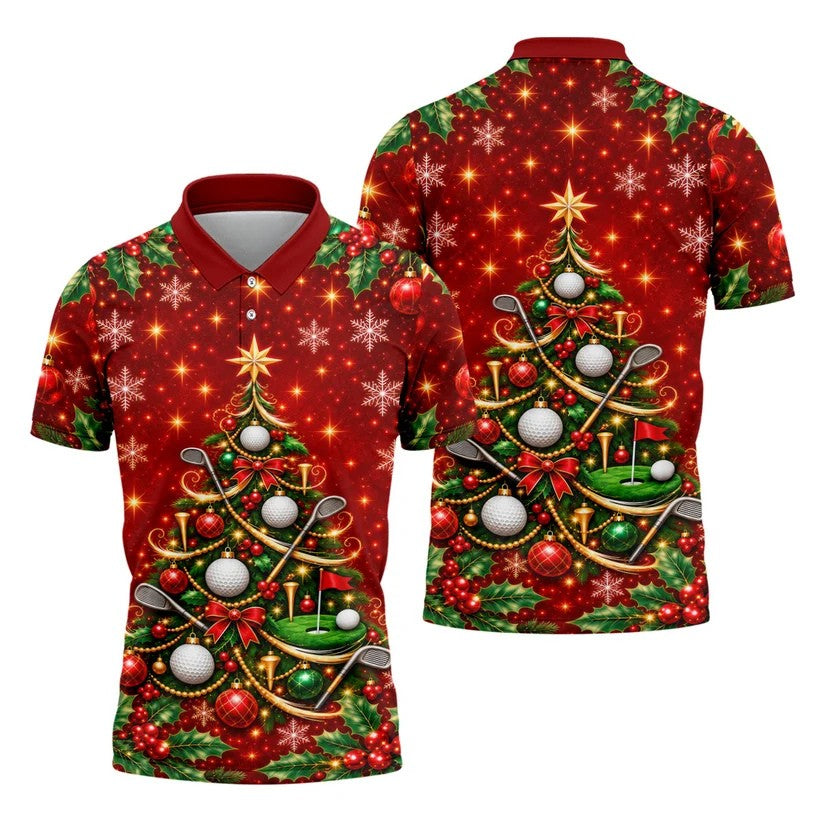 Golf Balls And Clubs Tree Christmas Golf Shirt, Mens Golf Polo, Golf Shirts For Men