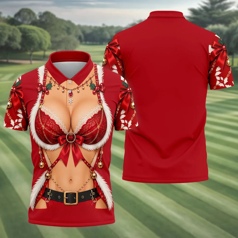 Red Lace Bra Harness Santa Christmas Golf Shirt, Mens Golf Apparel, Golf Polo For Men