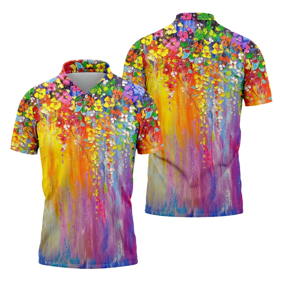 Colorful Abstract Floral Painting Golf Polo, Golf Tops For Men, Golfing Apparel