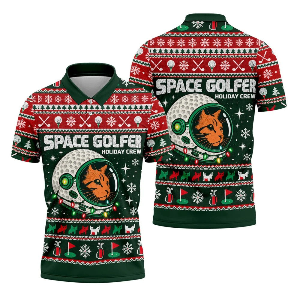Space Golfer Christmas Golf Shirt, Funny Mens Golf Shirts, Mens Holiday Golf Shirts