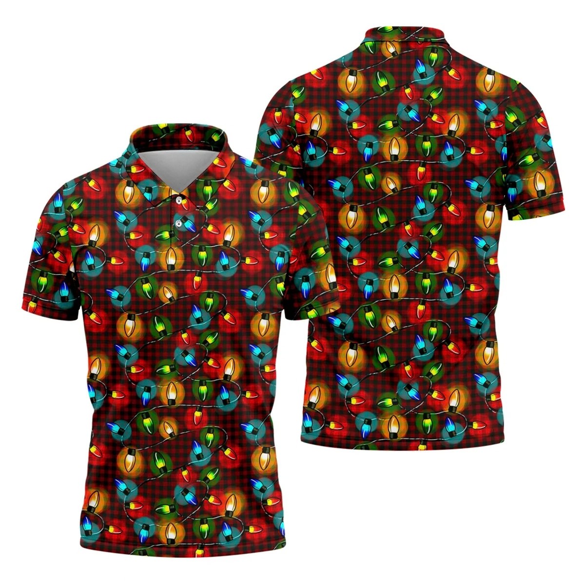 Colorful Christmas Light Plaid Men's Golf Polo Shirts, Christmas Golf Shirt, Polo Shirts For Men