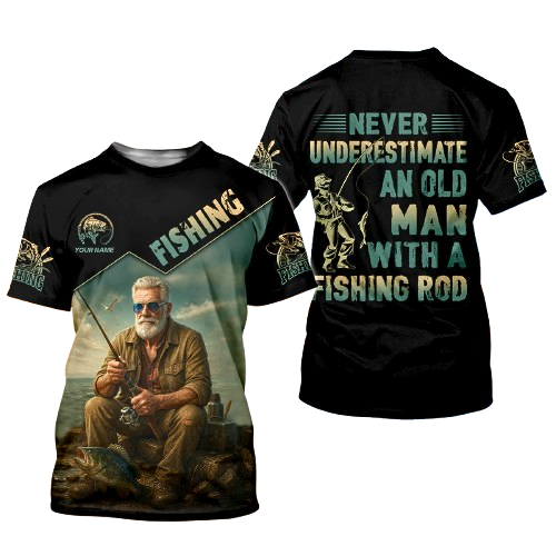 Personalized Never Underestimate An Old Man With A Fishing Rod Shirt, Custom Name Fisherman Tee, UPF Shirt