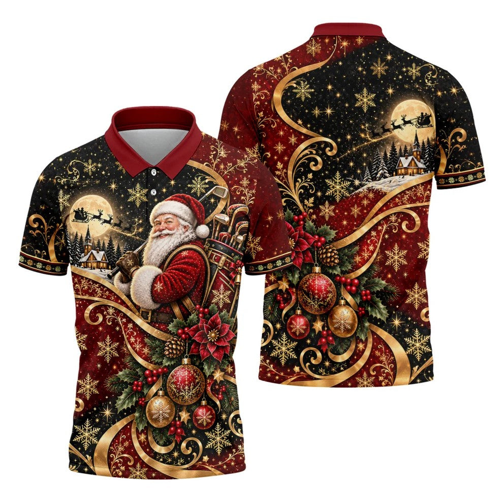 Golden Swirl Santa Golfer Christmas Golf Shirt, Mens Golf Polo, Golf Shirts For Men