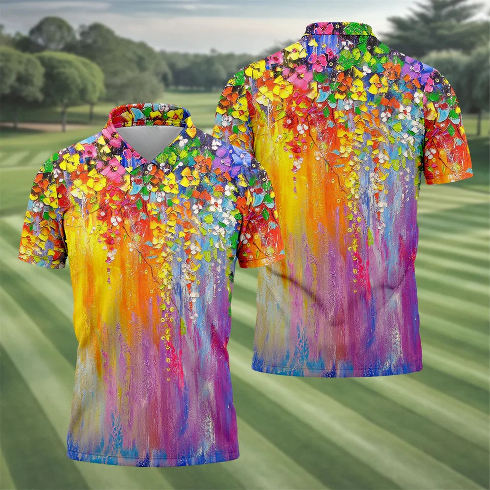 Colorful Abstract Floral Painting Golf Polo, Golf Tops For Men, Golfing Apparel