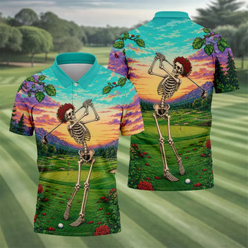 Skeleton Golfer Sunset Golf Course Shirt, Mens Golf Apparel, Halloween Golf Shirt