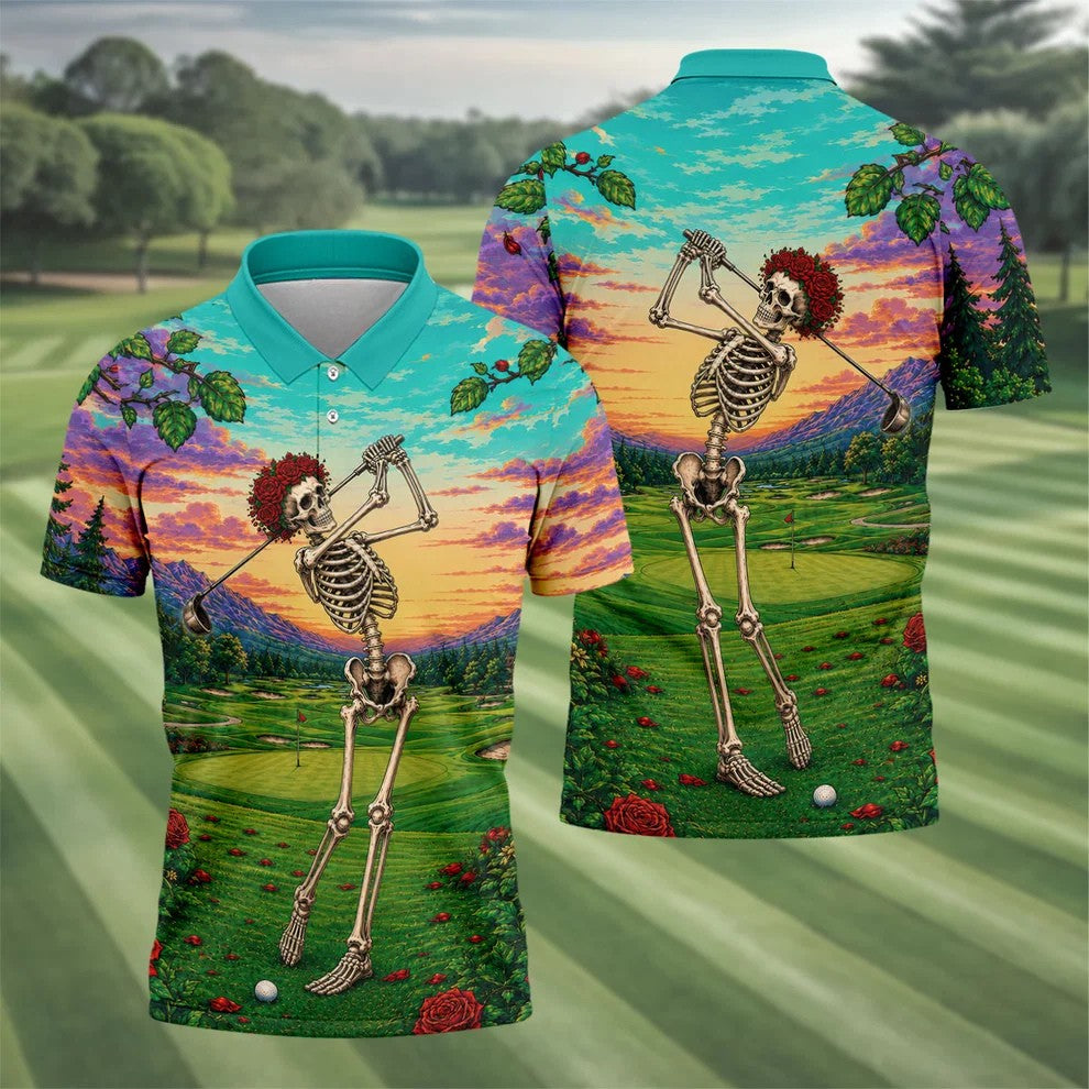 Skeleton Golfer Sunset Golf Course Shirt, Mens Golf Apparel, Halloween Golf Shirt