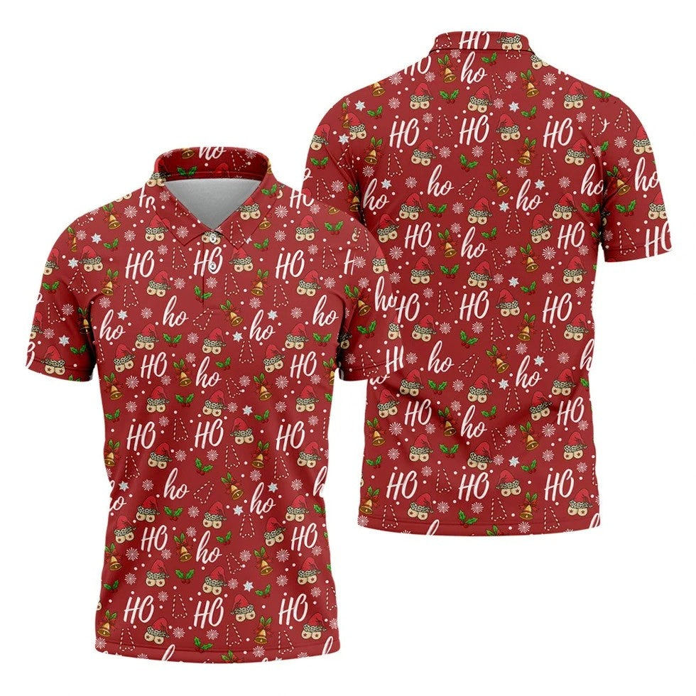 Funny Ho Ho Ho Naughty Tits Christmas Golf Shirt, Men's Funny Golf Shirts, Christmas Golf Gift