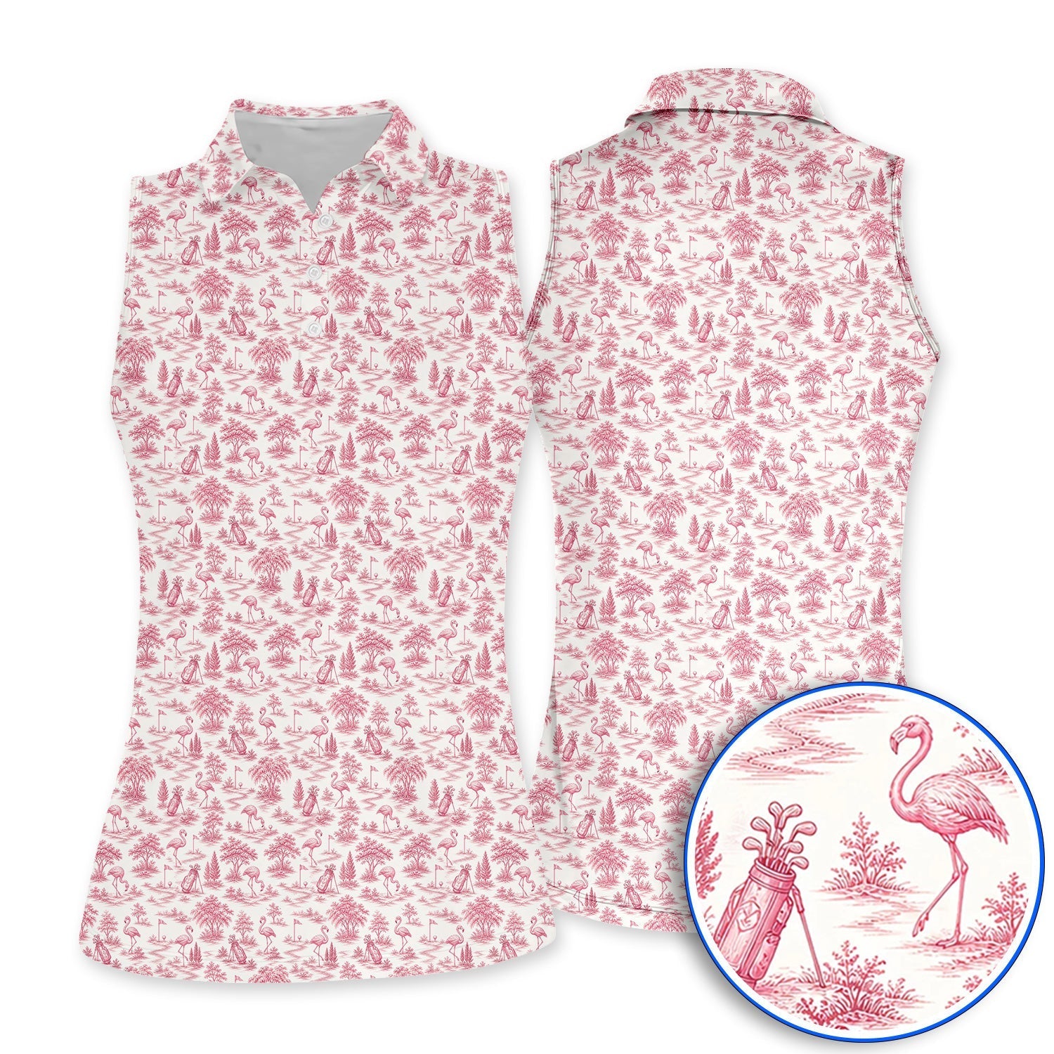 Toile De Jouy Flamingo Pattern Golf Shirt, Crazy Pink Golf Polos, Golf Gift For Golfer