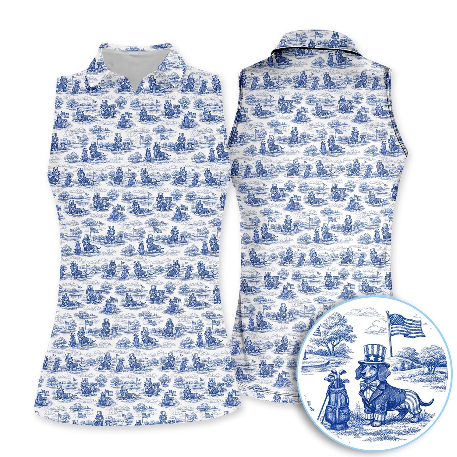 Toile De Jouy Dachshund Golf Polos, USA Wiener Dog Pattern Golf Shirt, Golf Gift For Men
