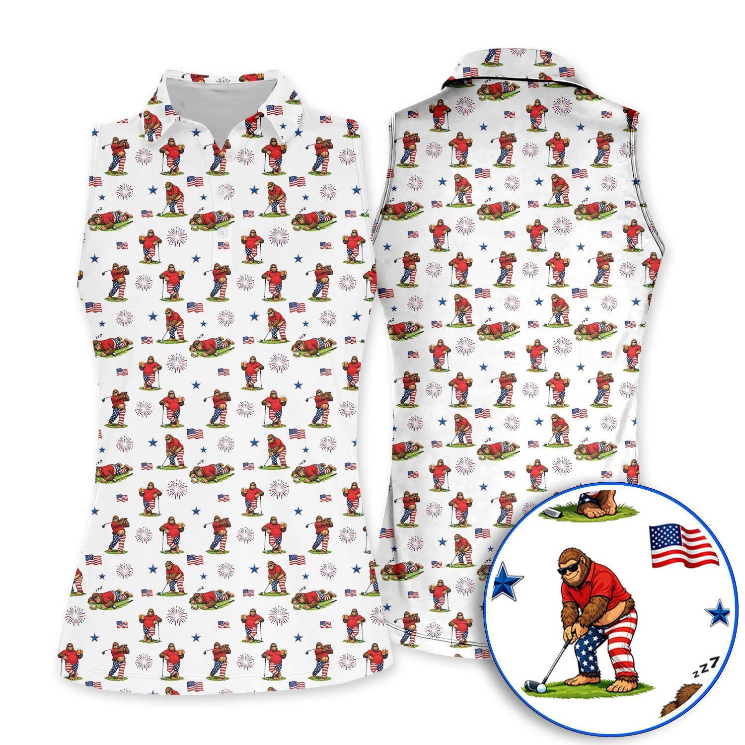 Funny Sasquatch Golf Polos, Patriotic Bigfoot USA Pattern Golf Shirt, Golf Gift For Golfer