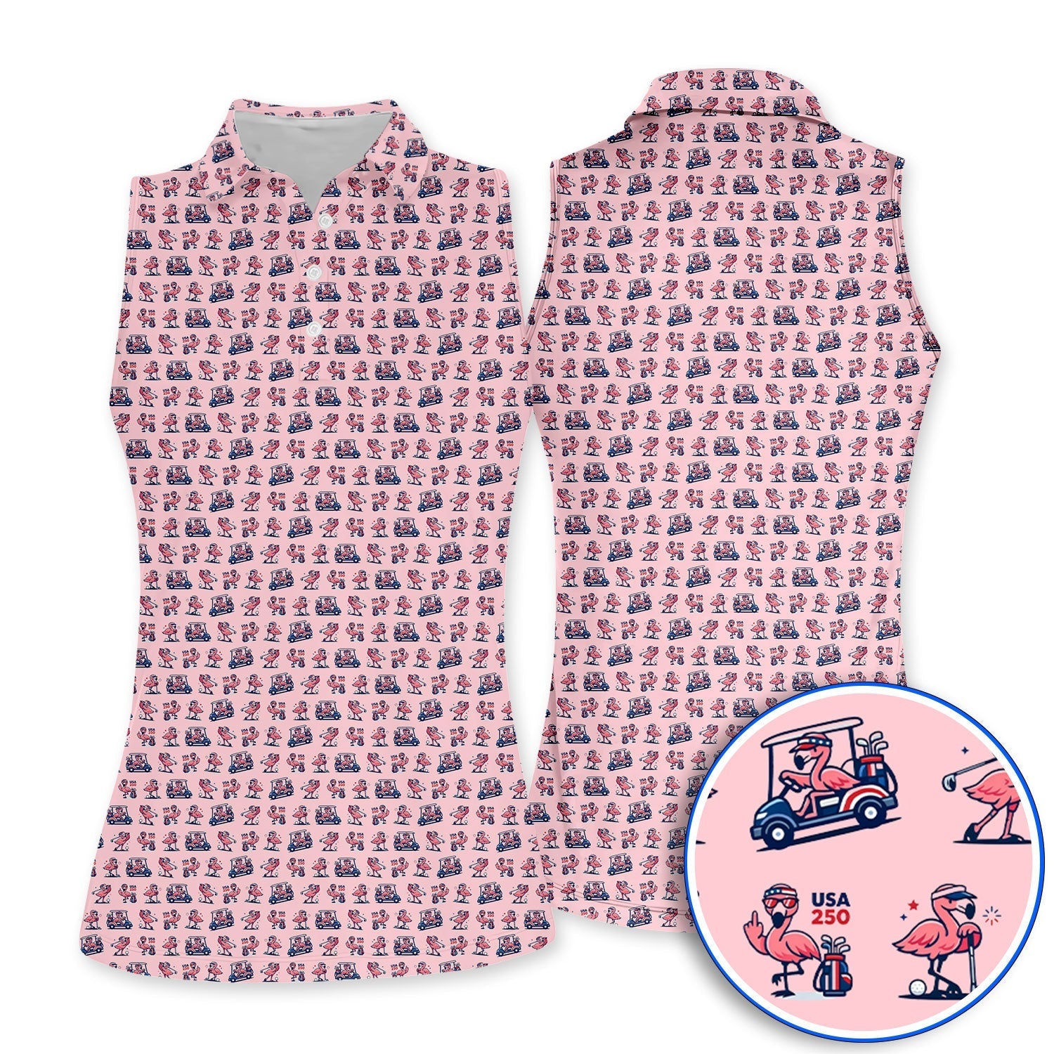 Funny Flamingo Pattern Golf Polos, USA 250 Patriotic Summer Golf Shirt, Crazy Golf Gift For Golfer