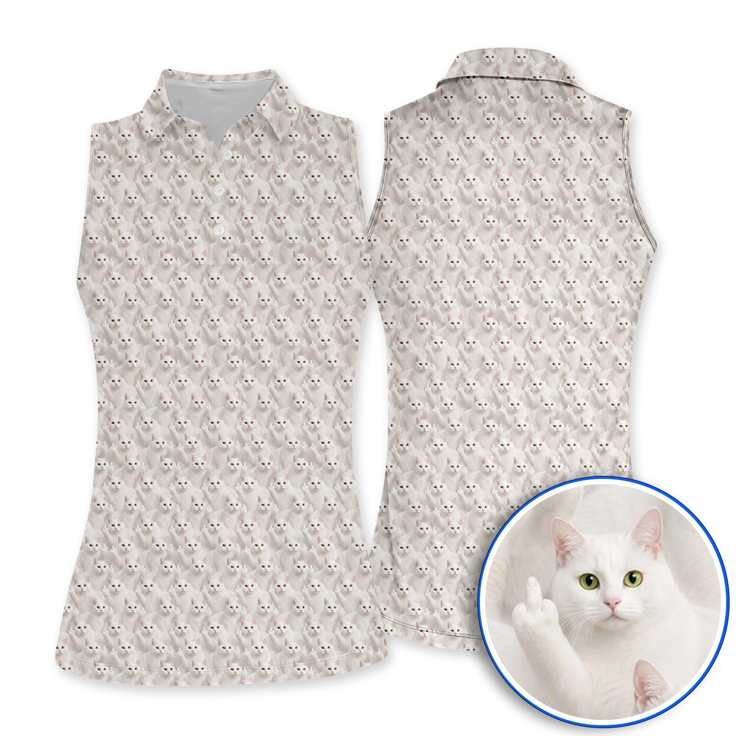 White Cat Pattern Golf Polos, Crazy Cat Lover Golf Shirt, Funny Golf Gift For Cat Mom