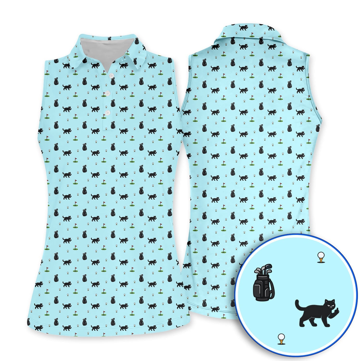 Funny Black Cat Pattern Golf Polos, Cat Golf Shirt For Golfer, Golf Gift For Pet Lover