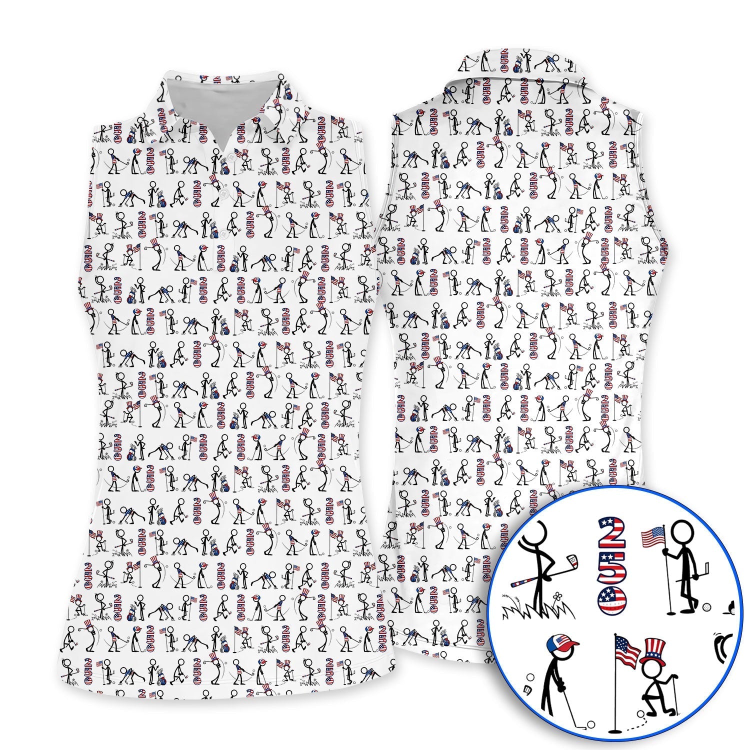 USA 250 Casual Patriotic Golf Shirt, Stick Figure Golfer Pattern Golf Polos, Funny Golf Shirts Gor Golfer