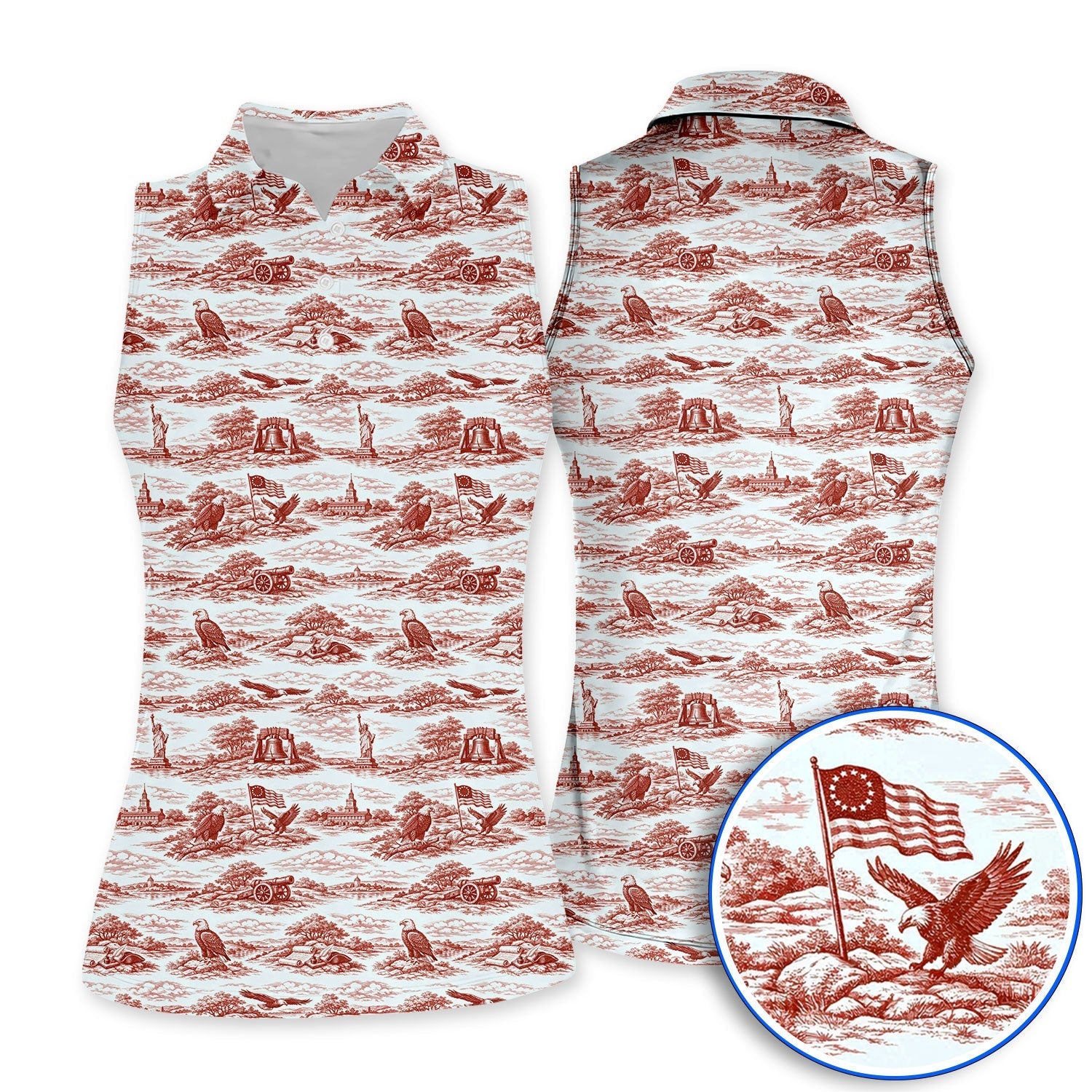 America 250th Patriotic Golf Polos, USA Toile De Jouy Pattern Golf Shirt For Golfer, Crazy Golf Shirt