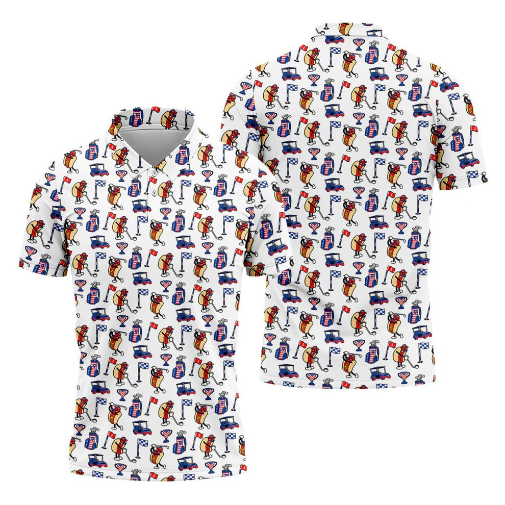 Funny Hot Dog Pattern Polo Shirt, 250 Years USA Patriotic Golf Shirt, 4th Of July Golf Shirt, Golf Shirts For Men