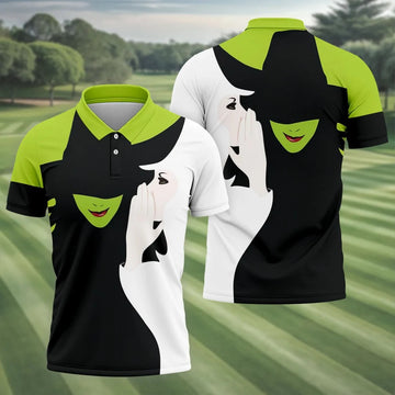Green & White Witch Faces Halloween Golf Polo Shirt, Golf Apparel, Mens Golf Shirt