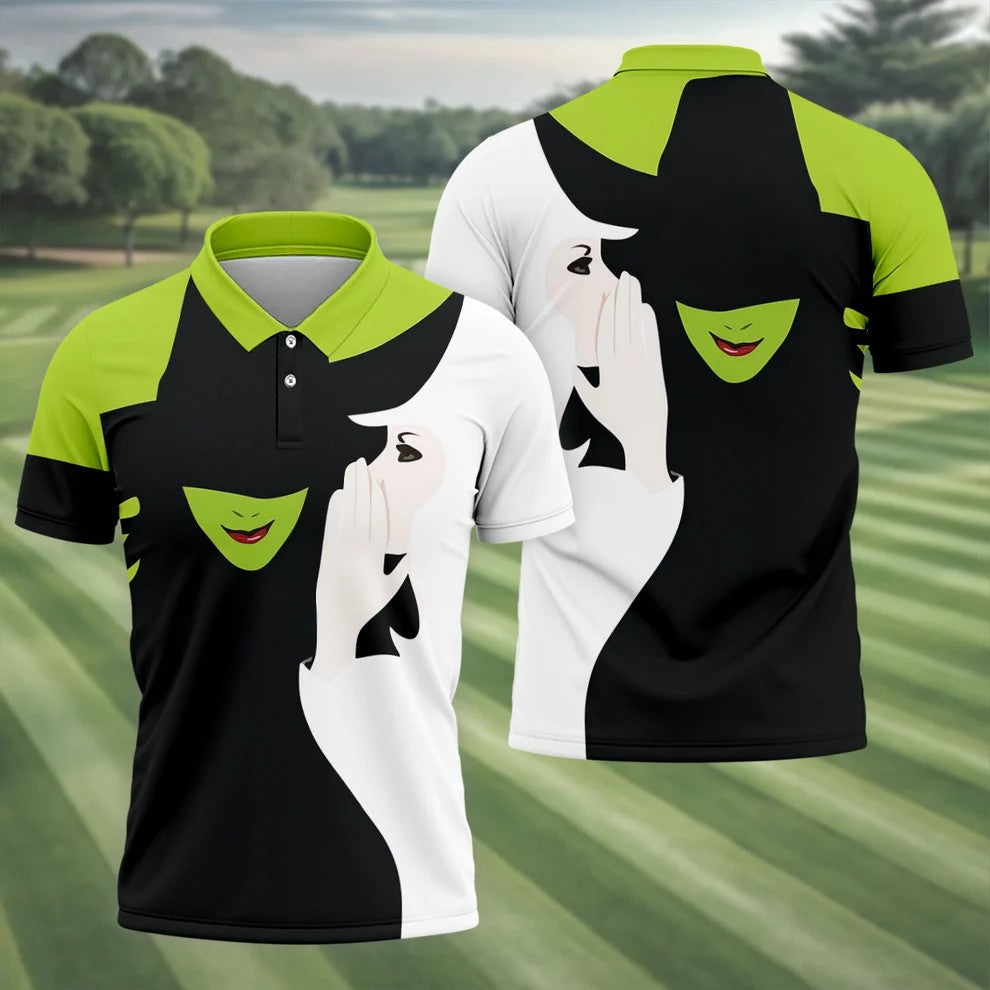 Green & White Witch Faces Halloween Golf Polo Shirt, Golf Apparel, Mens Golf Shirt