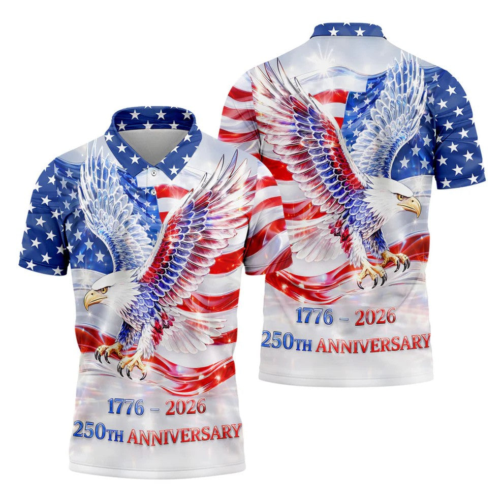 Bold Eagle American Flag Golf Shirt, Patriotic 4th Of July 250 Years Golf Shirts For Men
