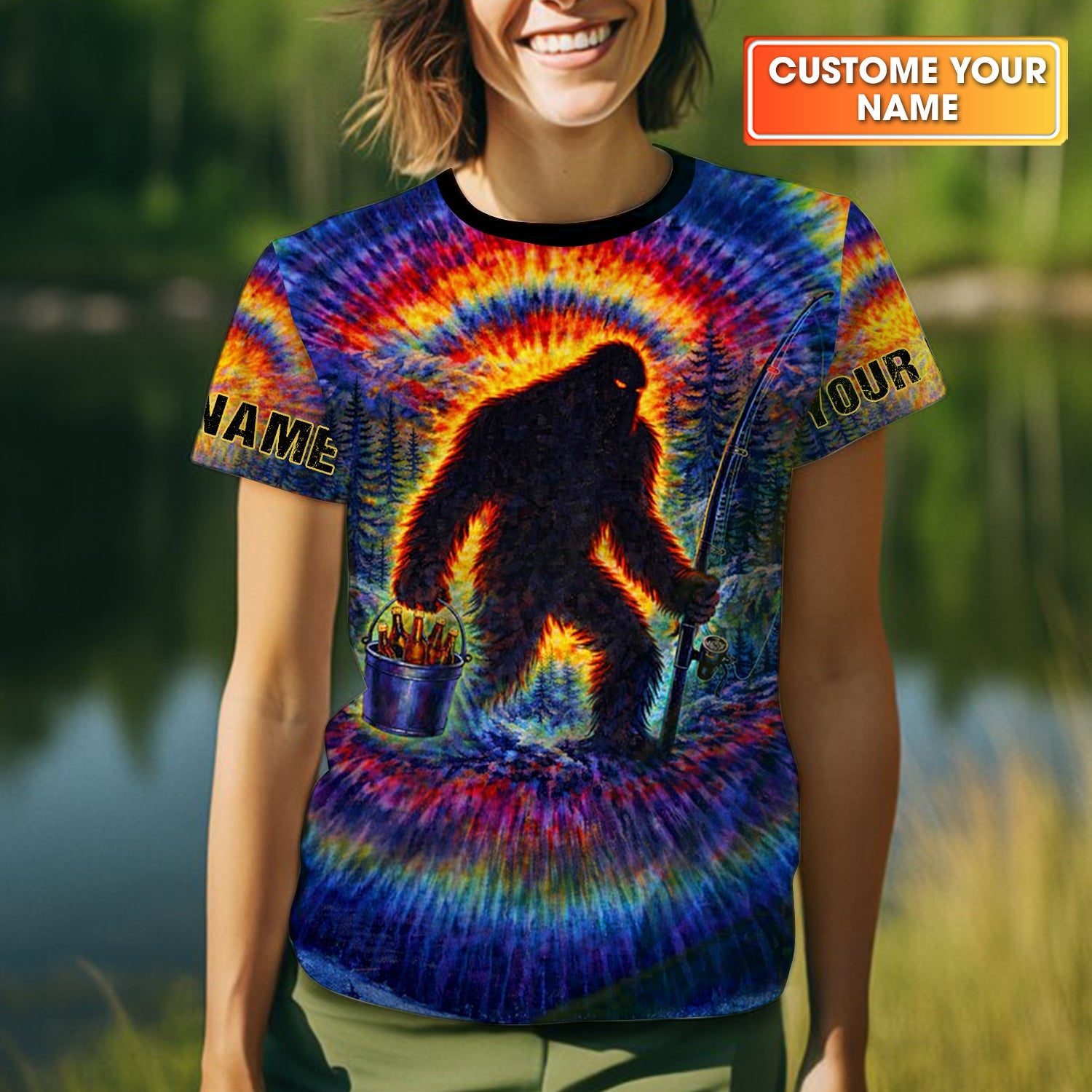 Bigfoot Fishing Beer Bucket Rainbow Swirl Funny Fishing Shirt, Fishing UPF Shirts, Women Fishing Shirt