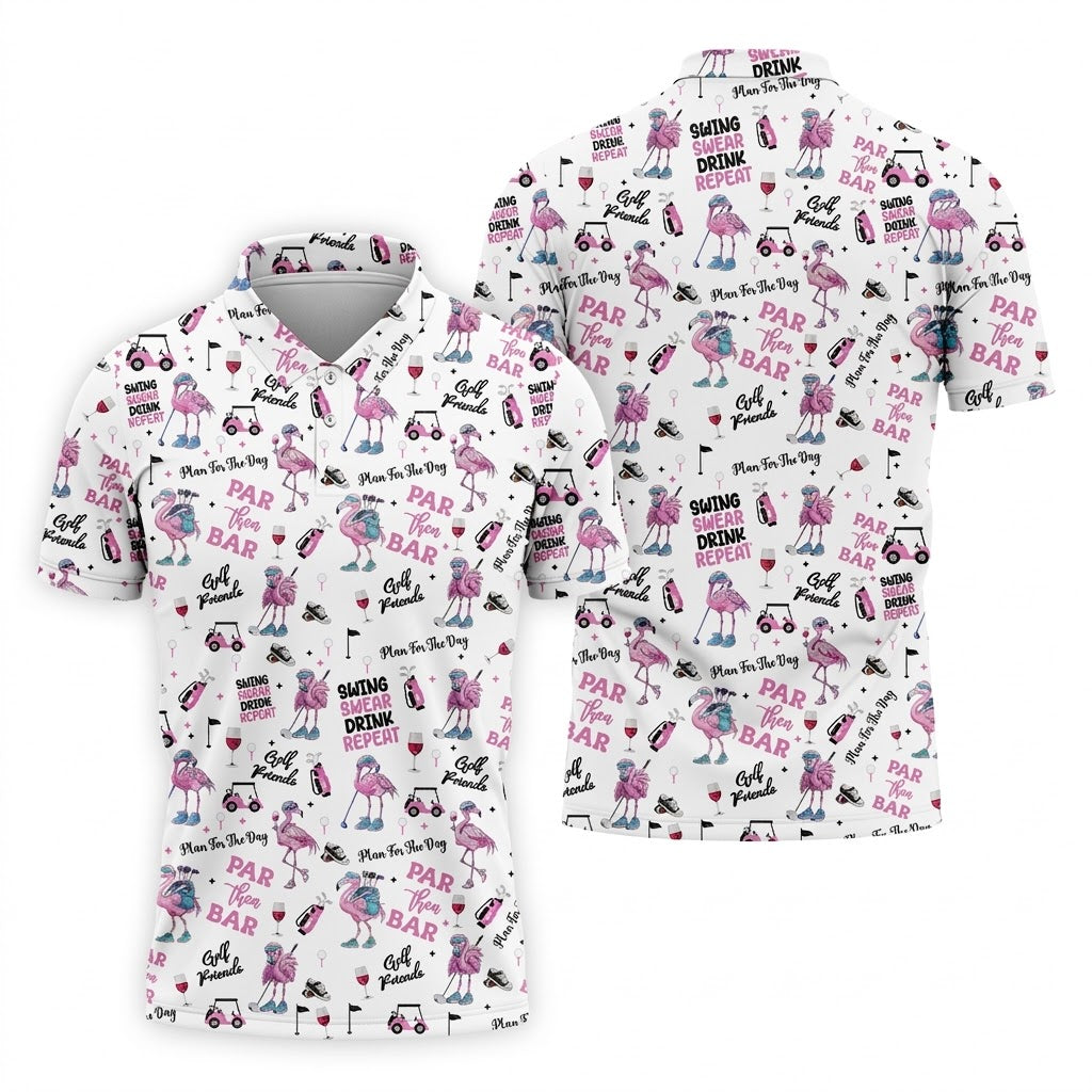Par Then Bar Flamingo Funny Men Polo ShirtFun Golf Polos For Men, Golf Shirts, Dad Golf Gift