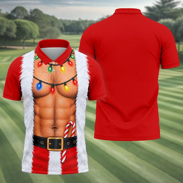 Santa Abs Lights Candy Cane Christmas Golf Shirt, Mens Golf Polo, Golf Shirts For Men