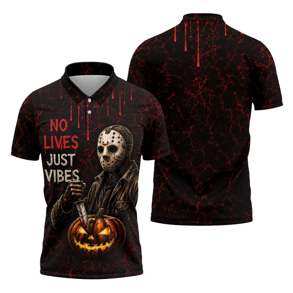 No Lives Just Vibes Halloween Horror Character Shirt, Golf Shirts For Men, Hawaiian Golf Shirt