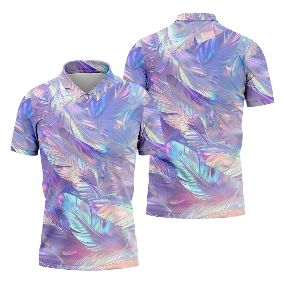 Pastel Gradient Feather Hawaiian Golf Shirt, Golf Tops For Men, Golf Shirts For Men