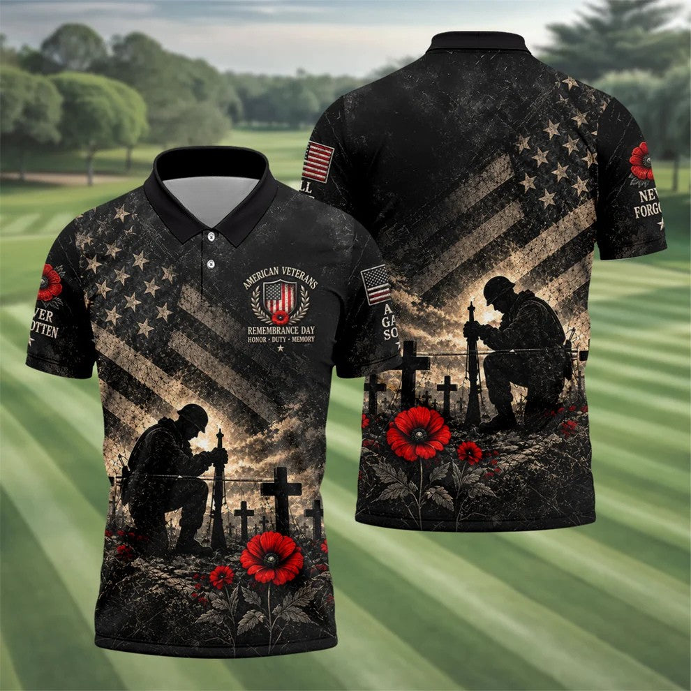 Poppy Soldier Memorial Golf Polo Shirt, Veterans Day Shirt, Mens Golf Polo Shirts